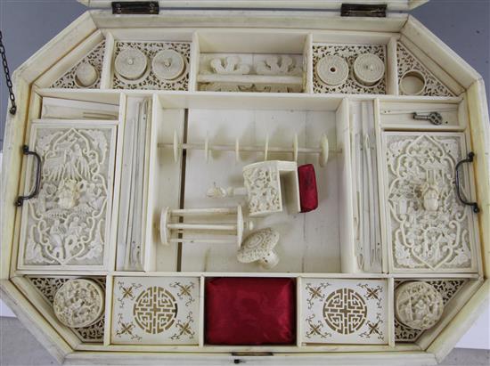 A good and impressive Chinese export ivory sewing casket, 19th century, width 39cm depth 27cm height 18.5cm